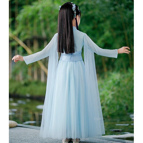 Girls Kids Light Blue Hanfu Fairy Dresses Film Drama Cosplay Princess Dress Tradiitonal Dance Costumes For Baby